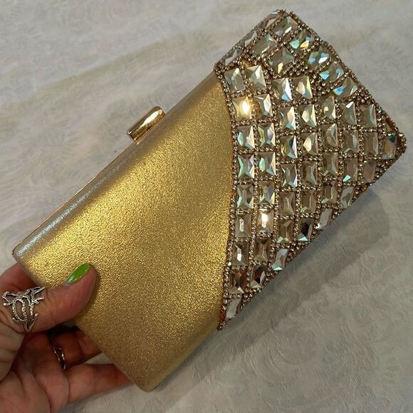Clutch Bag Purse Gold Rhinestones Chain Imperfect Condition - Picture 1 of 13